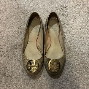 Tan and gold snake skin Tory Bruch flats